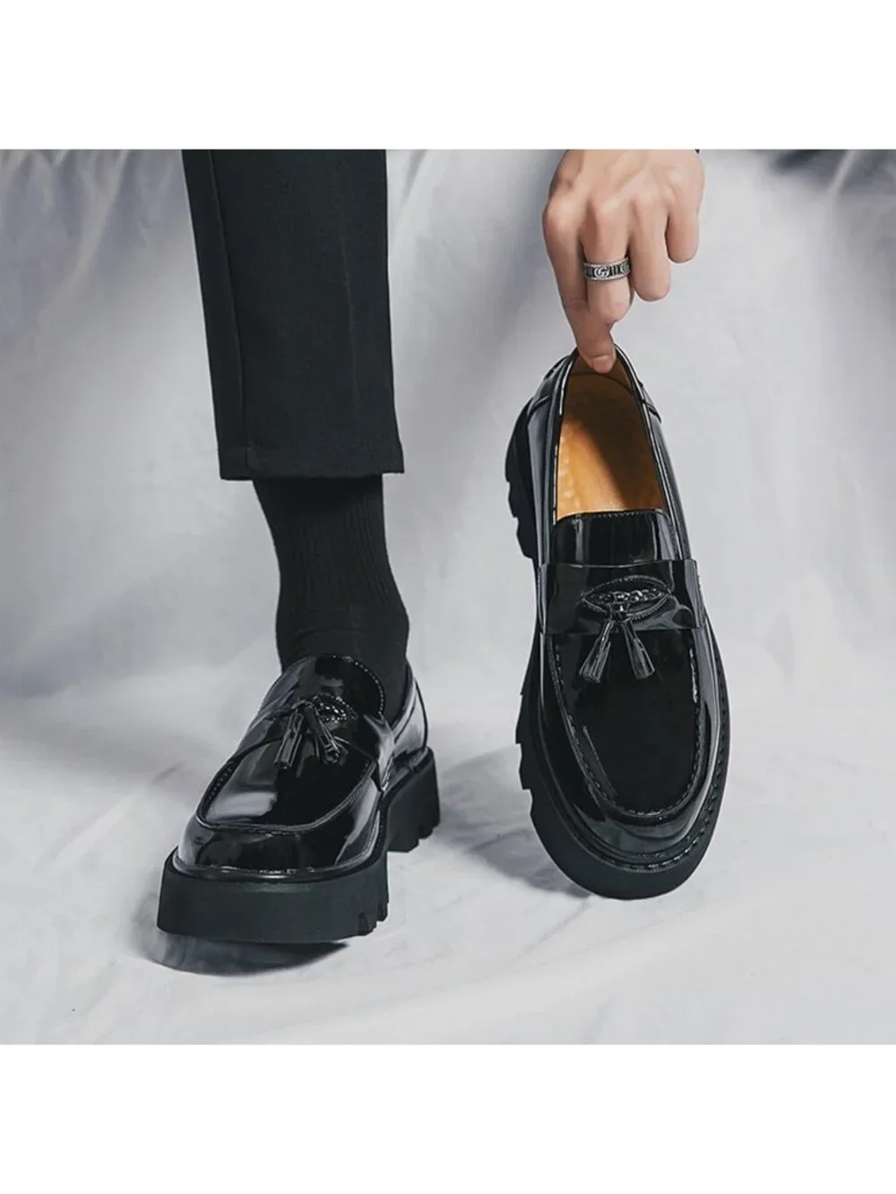 Men's Black Patent Leather Loafers Chunky Heel Tassel Slip On Dress Shoes